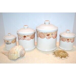Vintage Canisters Coastal Beachy Kitschy Shells Four Pieces 1970s